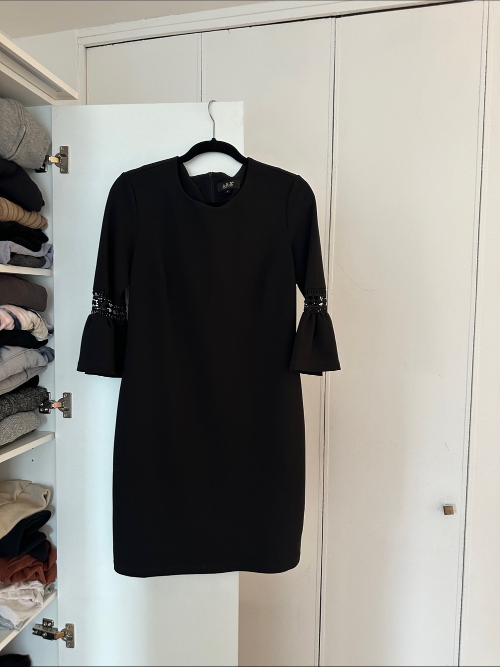 ABS Collection Black Bell-Sleeve Mini Dress with Cut Out Crochet Trim Detail
